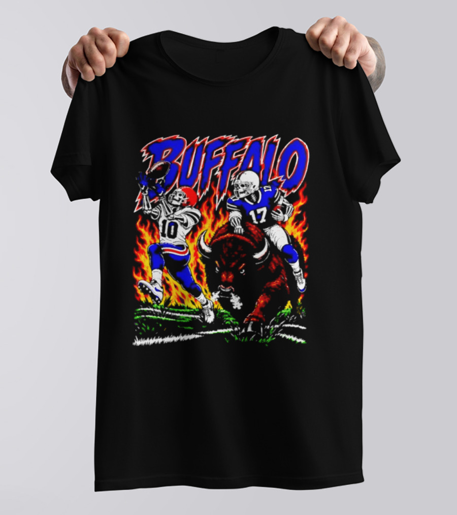 Buffalo Bills Flaming Skeleton Football Players Number 10 And 17 T-Shirt