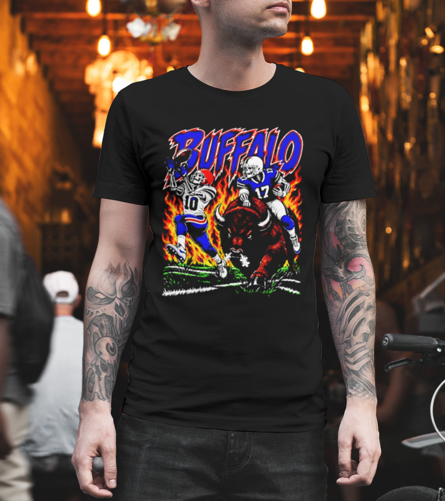 Buffalo Bills Flaming Skeleton Football Players Number 10 And 17 T-Shirt