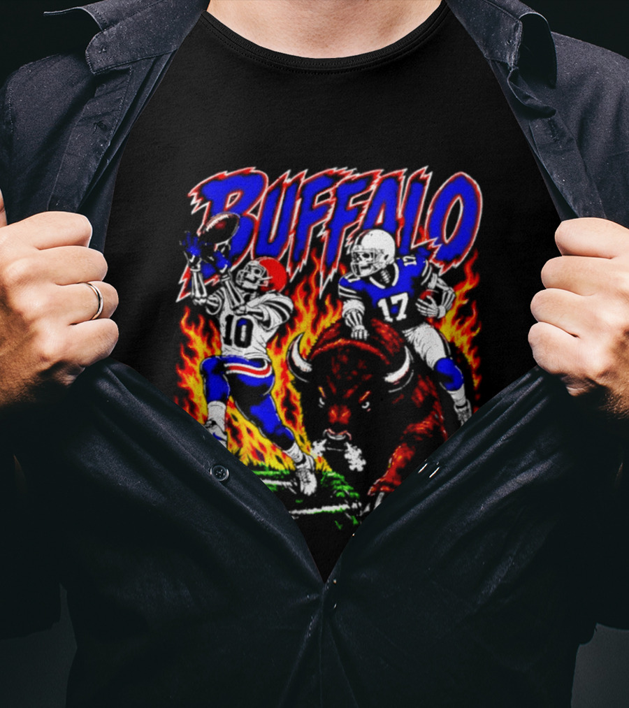 Buffalo Bills Flaming Skeleton Football Players Number 10 And 17 T-Shirt