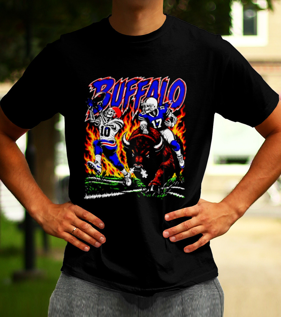 Buffalo Bills Flaming Skeleton Football Players Number 10 And 17 T-Shirt