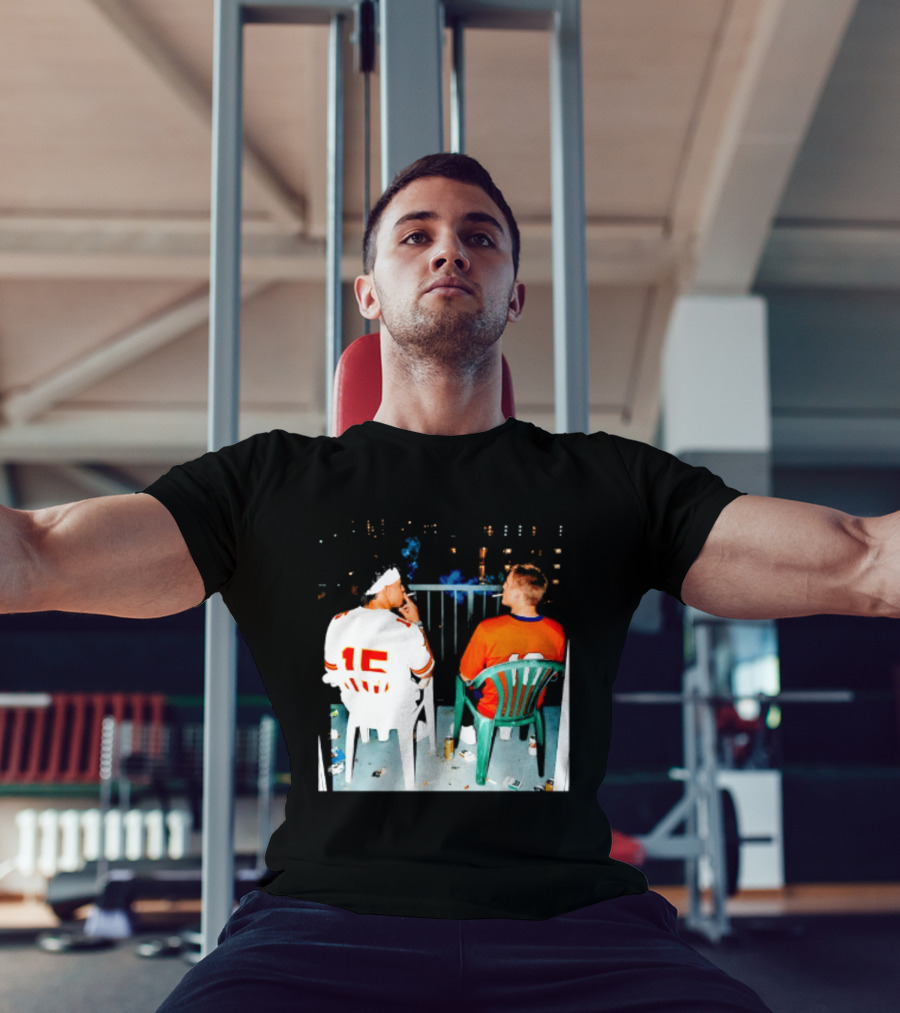 Patrick Mahomes Kansas City Chiefs And Bo Nix Denver Broncos Smoking Behind Skyline T-Shirt