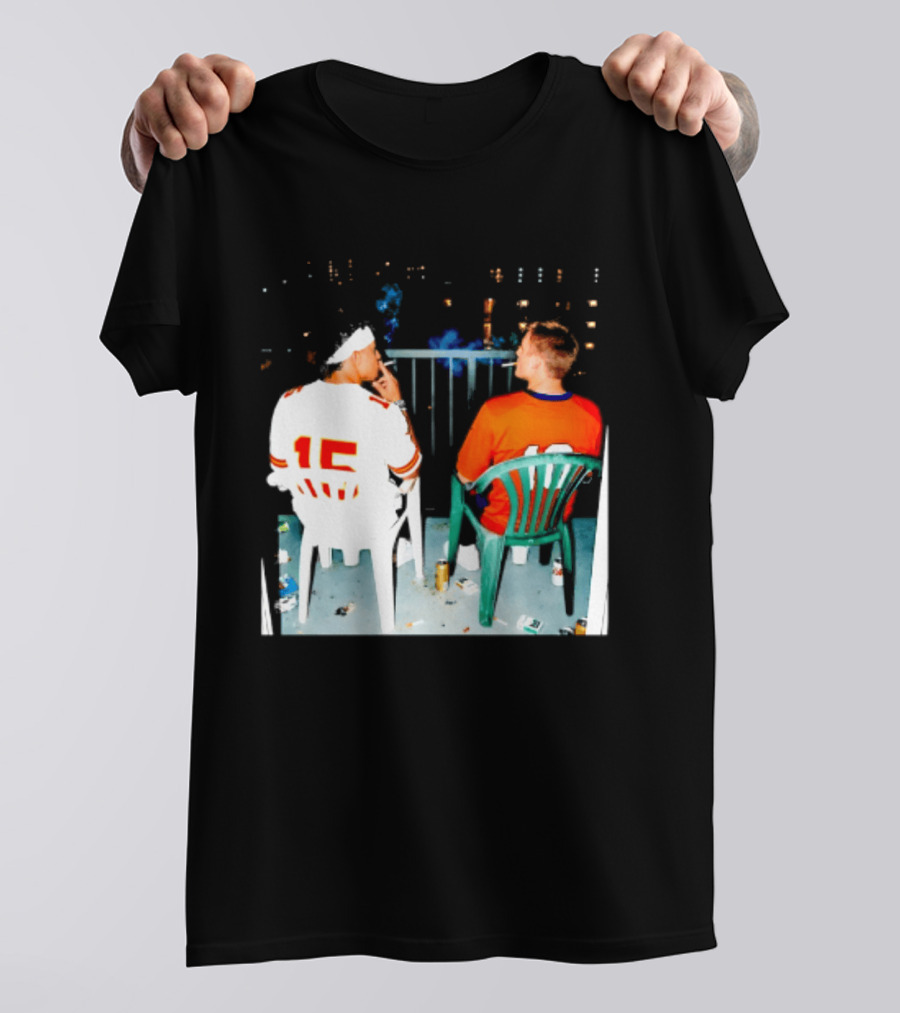 Patrick Mahomes Kansas City Chiefs And Bo Nix Denver Broncos Smoking Behind Skyline T-Shirt