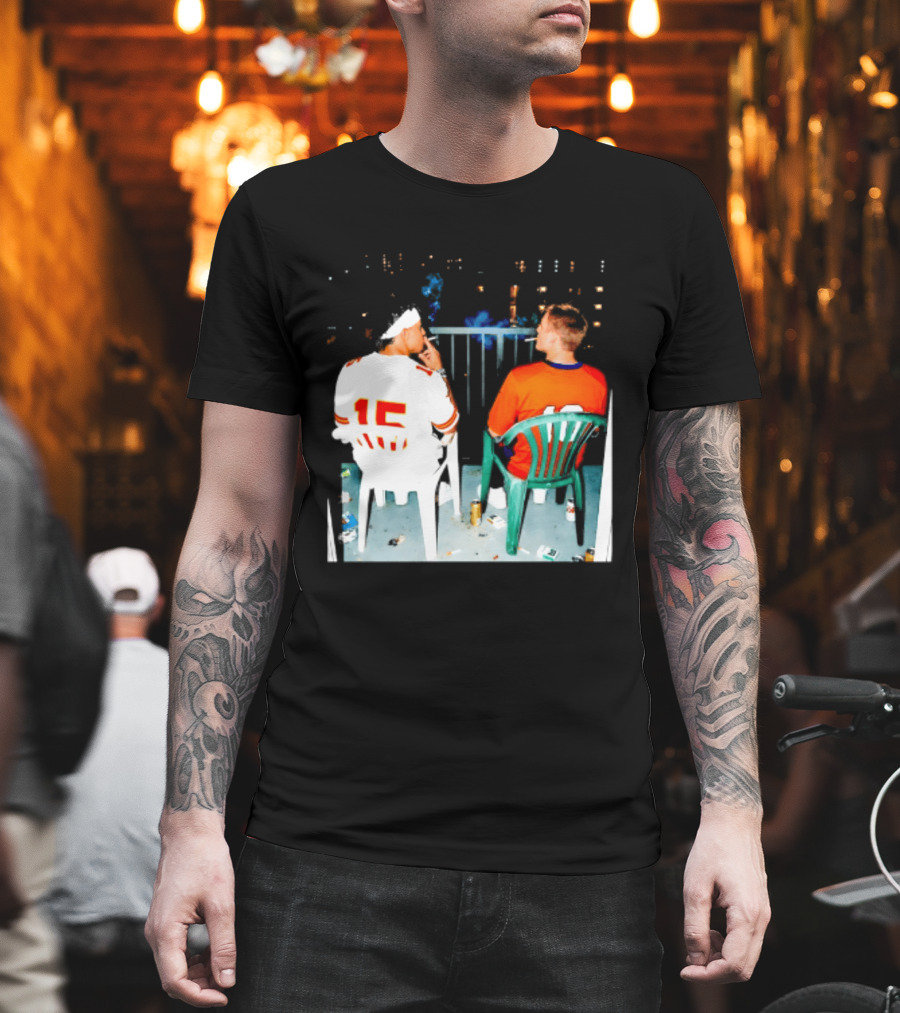 Patrick Mahomes Kansas City Chiefs And Bo Nix Denver Broncos Smoking Behind Skyline T-Shirt
