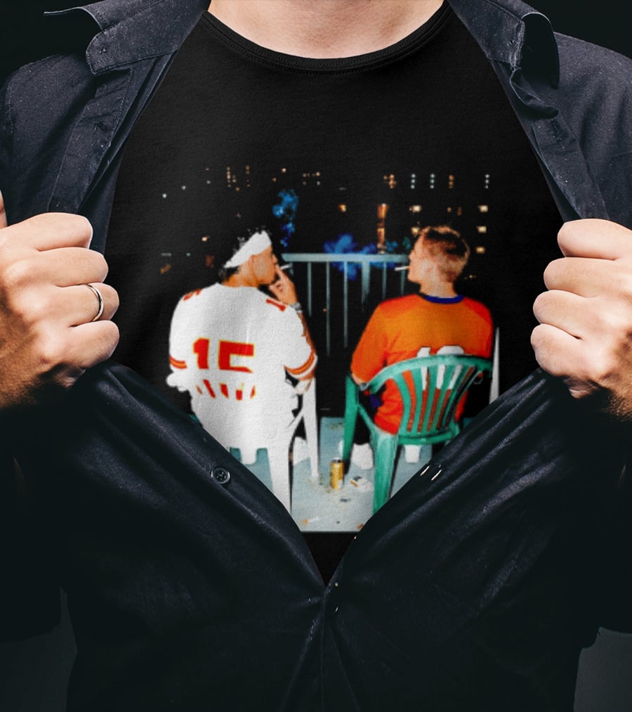 Patrick Mahomes Kansas City Chiefs And Bo Nix Denver Broncos Smoking Behind Skyline T-Shirt