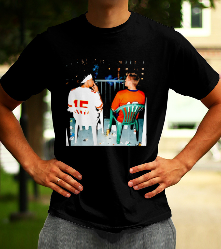Patrick Mahomes Kansas City Chiefs And Bo Nix Denver Broncos Smoking Behind Skyline T-Shirt