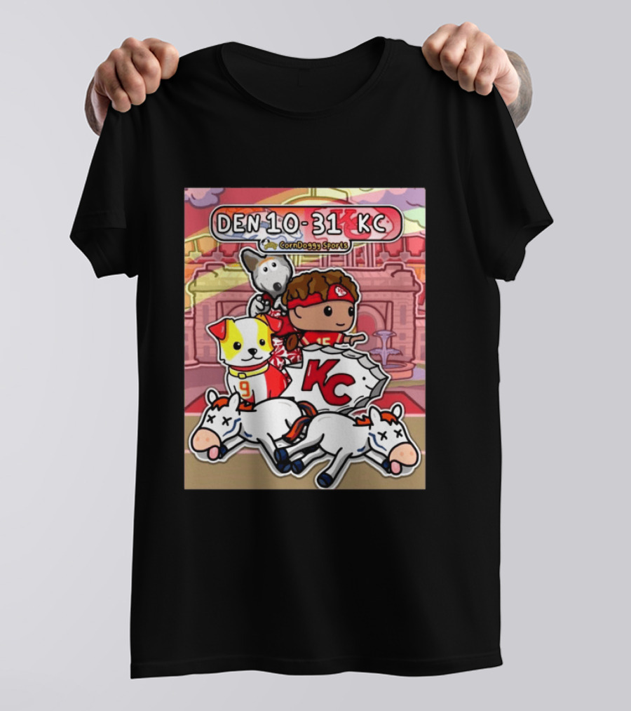 CornDoggy Sports DEN 10 31 KC Denver Broncos Vs Kansas City Chiefs Cartoon Characters And Dogs With Football T-Shirt