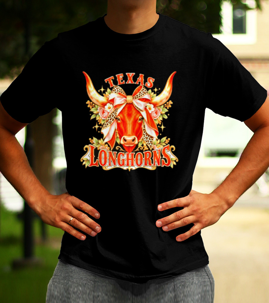 Texas Longhorns Floral Leopard Bow Cow T-Shirt