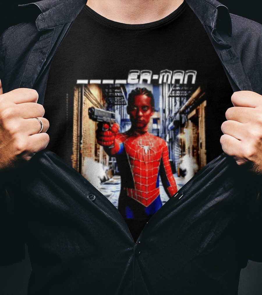 Tobey Maguire Spider Man Marvel Superhero Meme Gun Alley Scene T-Shirt