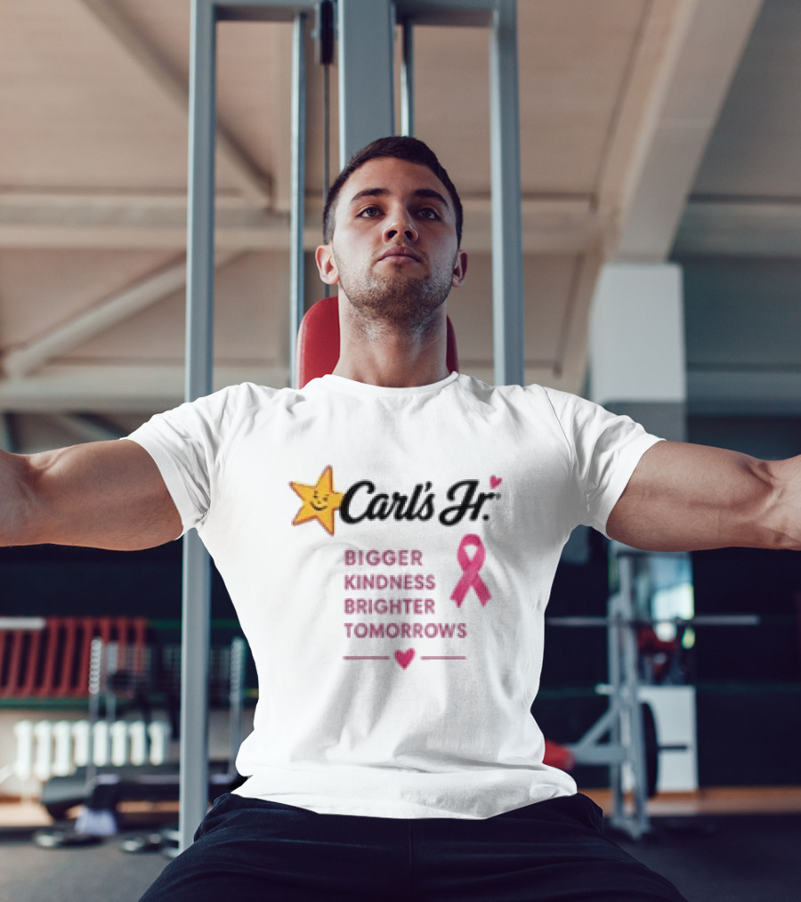 Carl's Jr Bigger Kindness Brighter Tomorrows Pink Ribbon Breast Cancer Awareness T-Shirt