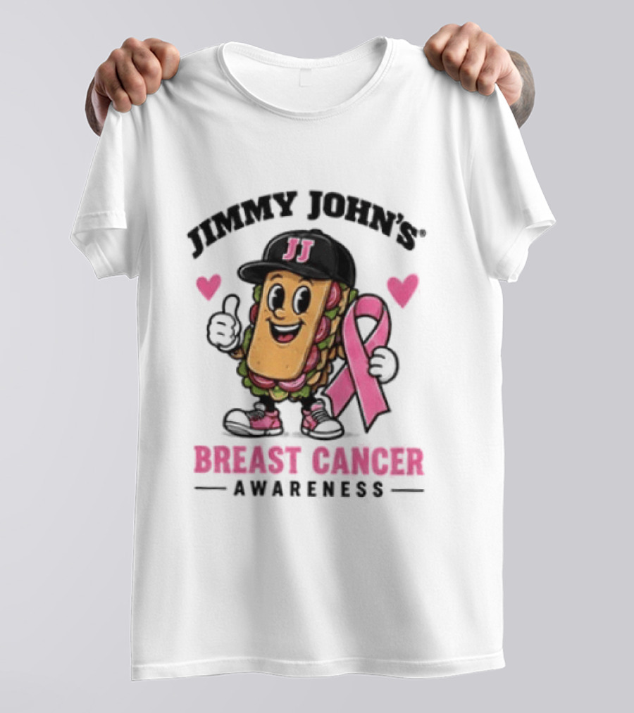 Jimmy John's Pink Ribbon Breast Cancer Awareness Sandwich JJ Hat Hearts T-Shirt