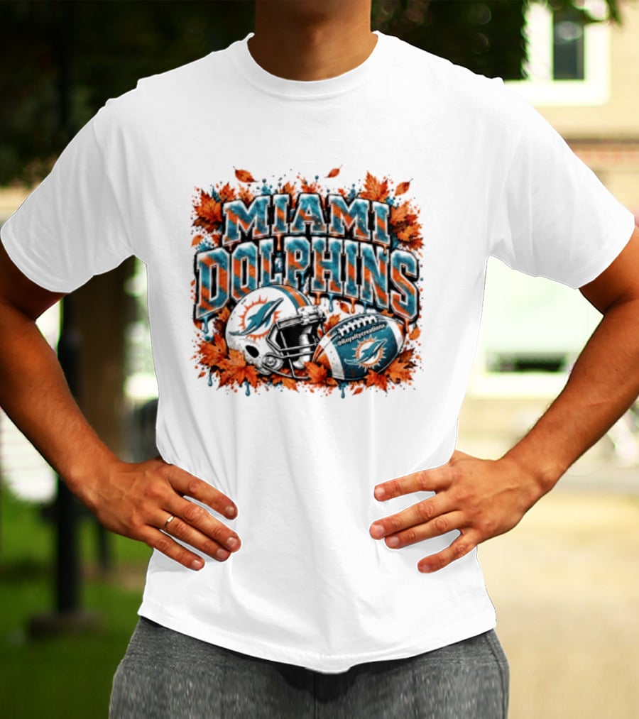 Miami Dolphins Football Helmet Autumn Leaves Halloween 2026 T-Shirt