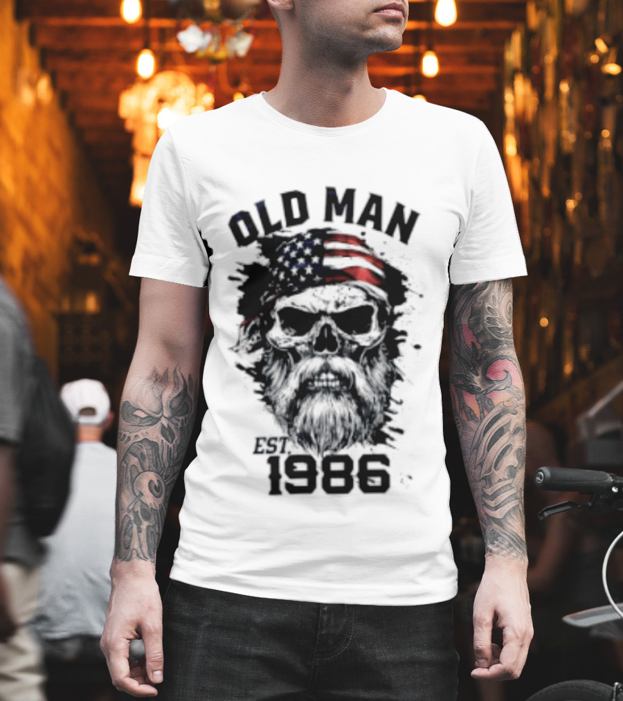 Old Man Est 1986 Skull American Flag Bandana T-Shirt