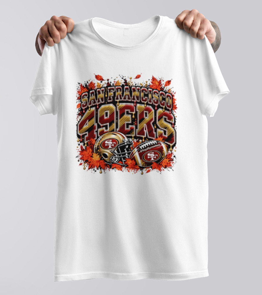 San Francisco 49ers Helmet And Football Autumn Leaves 2026 T-Shirt