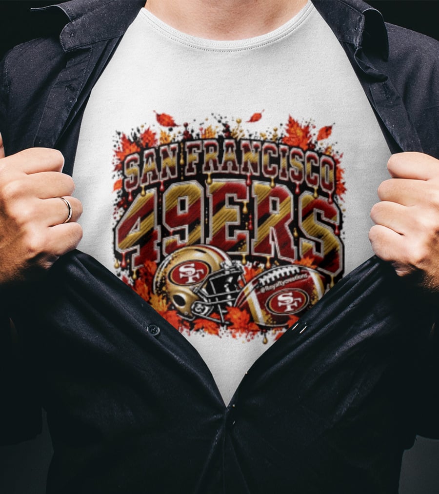 San Francisco 49ers Helmet And Football Autumn Leaves 2026 T-Shirt