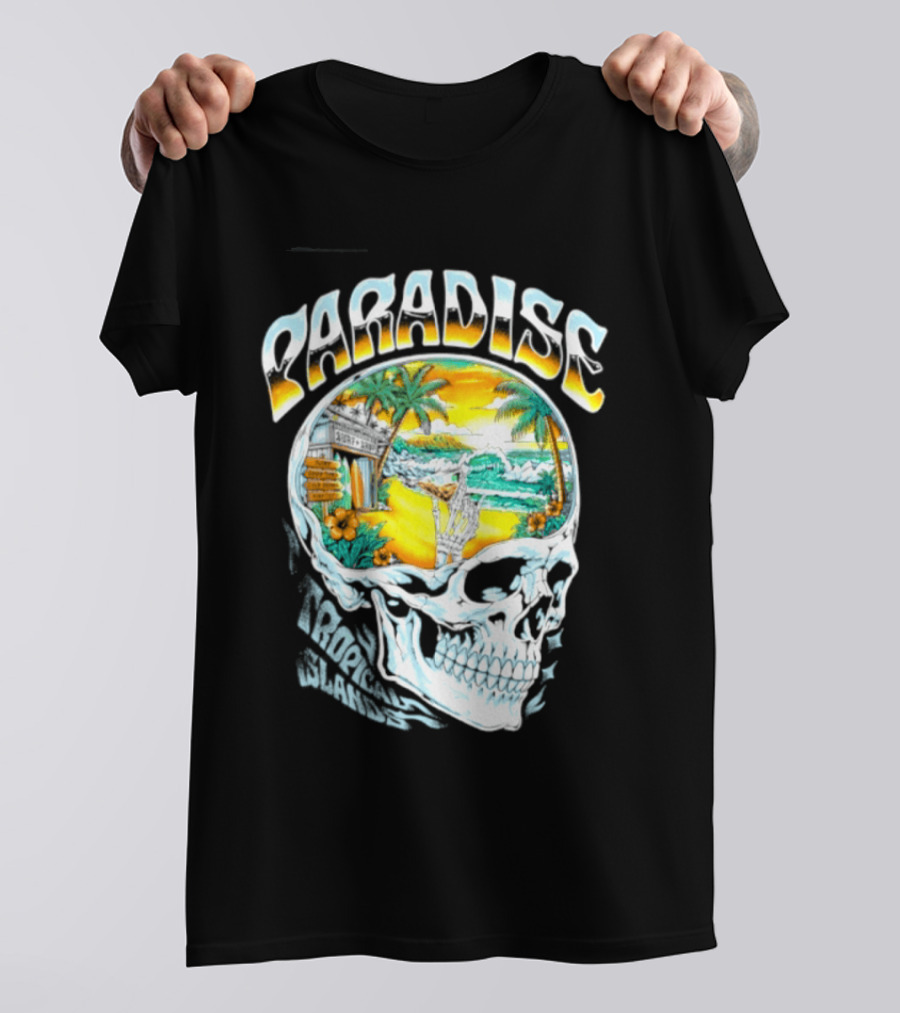 Paradise Tropical Island Skull Surf Shop Beach Scene T-Shirt