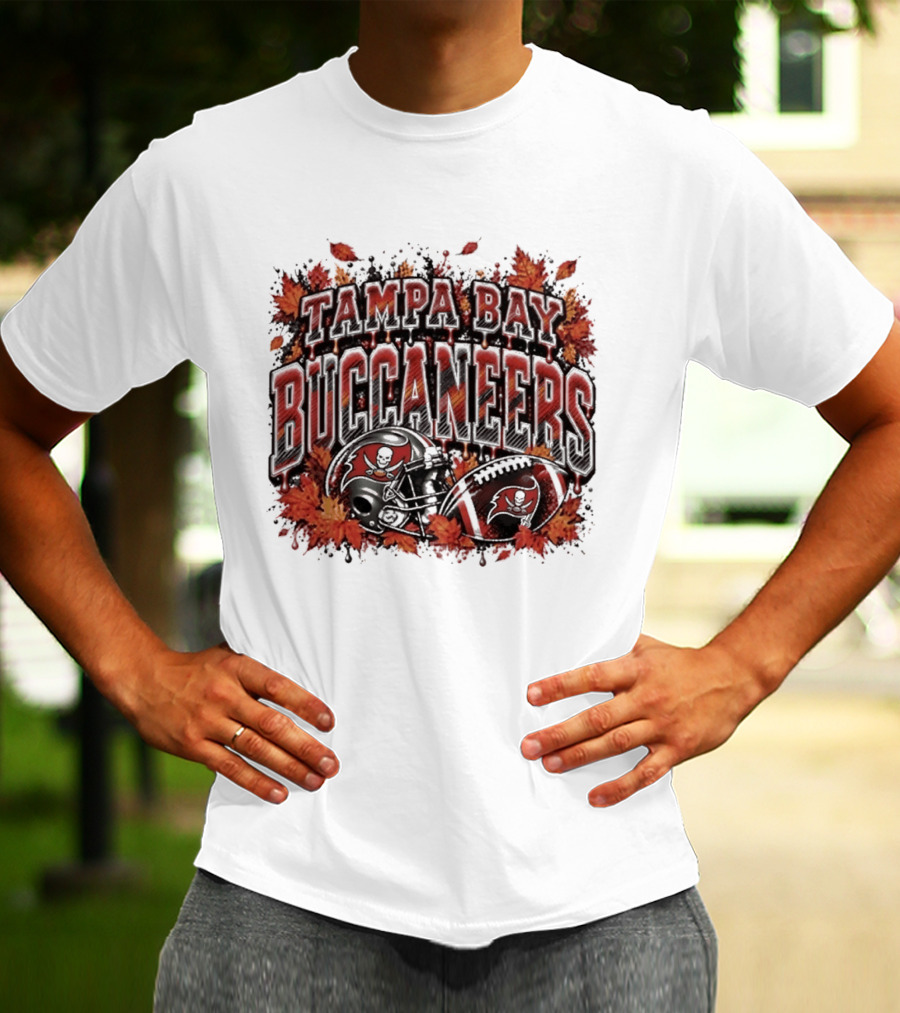 Tampa Bay Buccaneers Helmet And Football With Autumn Leaves Halloween 2026 T-Shirt