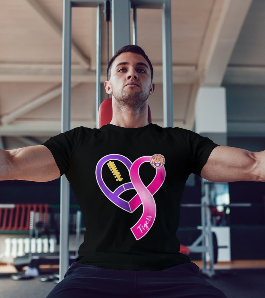 LSU Tigers Breast Cancer Awareness 2026 Heart Ribbon Football T-Shirt