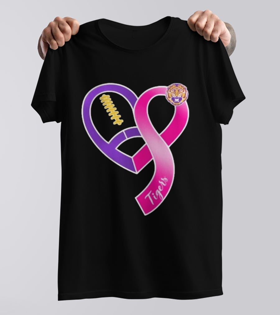 LSU Tigers Breast Cancer Awareness 2026 Heart Ribbon Football T-Shirt