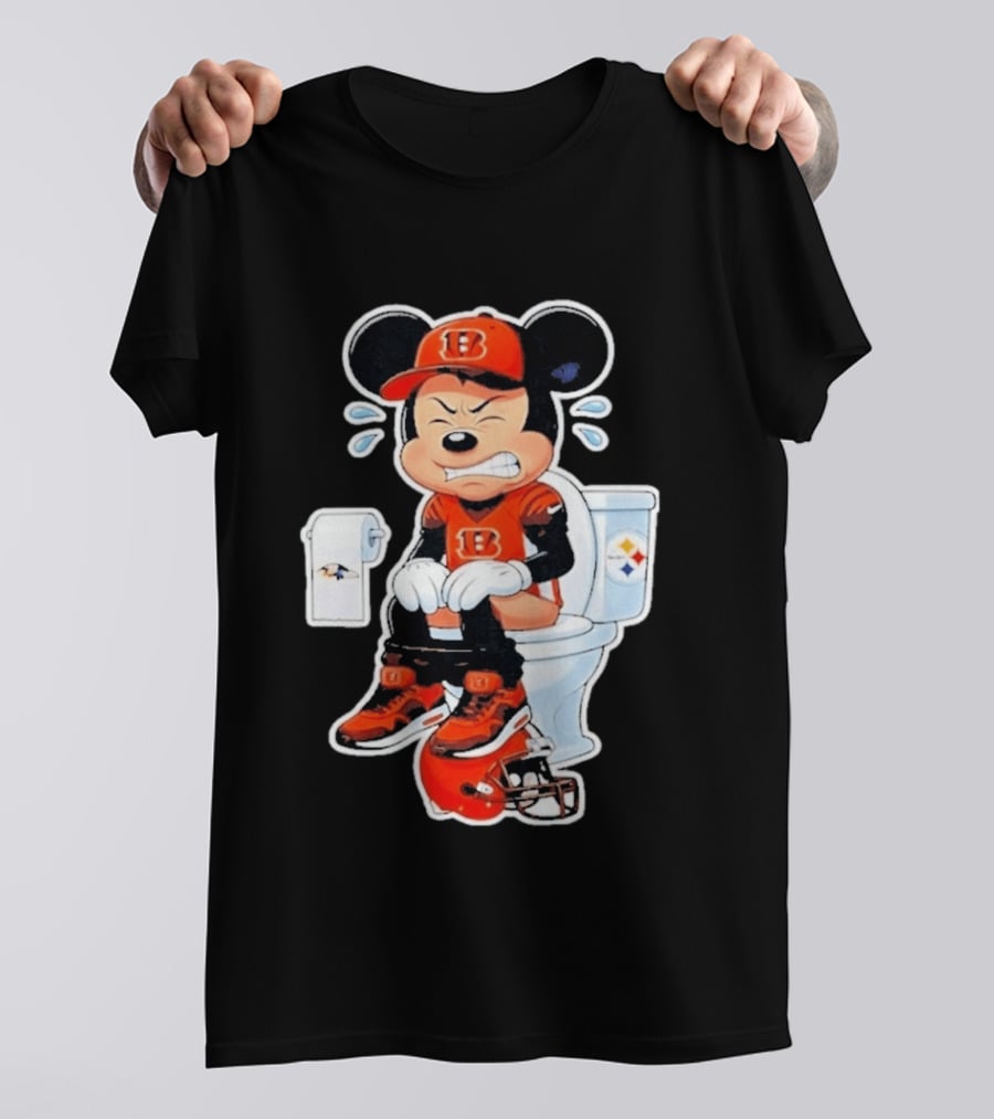 Mickey Cincinnati Bengals Mascot On Toilet Rival Baltimore Ravens Steelers Football Helmet T-Shirt