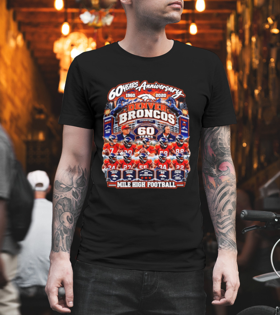 Denver Broncos 60 Years Anniversary 1960 2020 Mile High Football Champions Iconic Moments T-Shirt