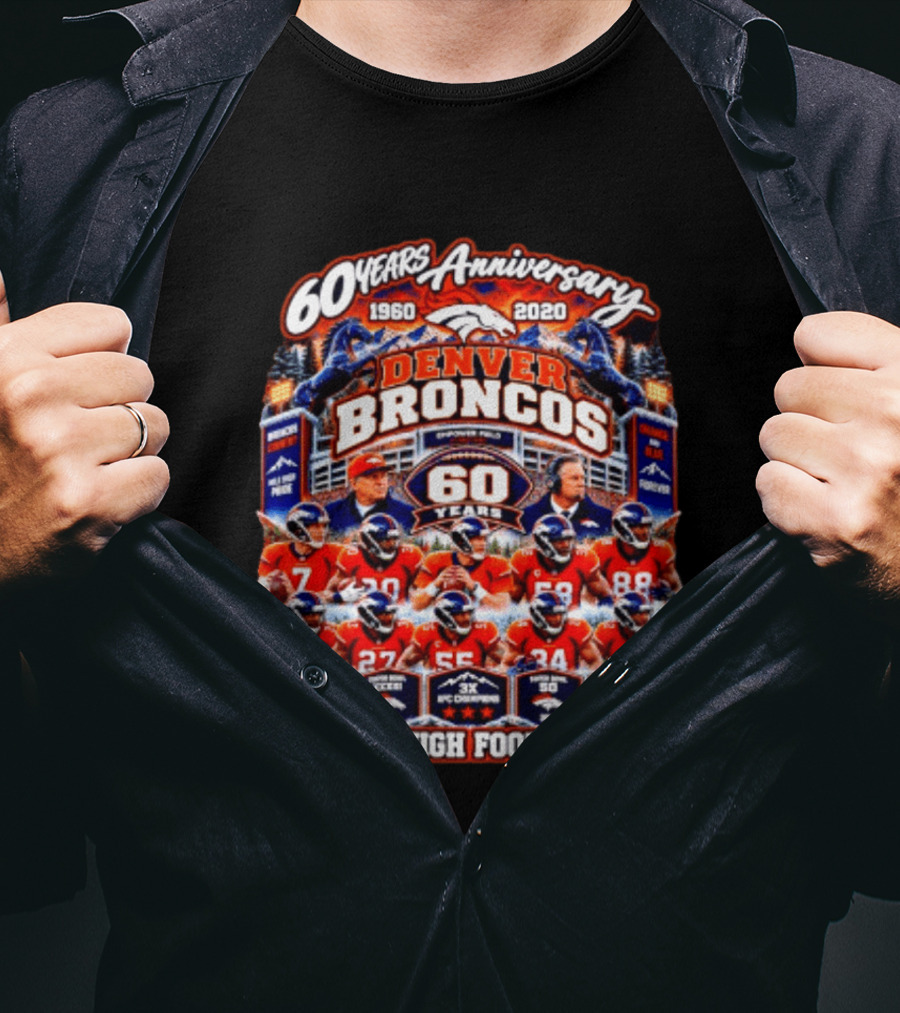 Denver Broncos 60 Years Anniversary 1960 2020 Mile High Football Champions Iconic Moments T-Shirt