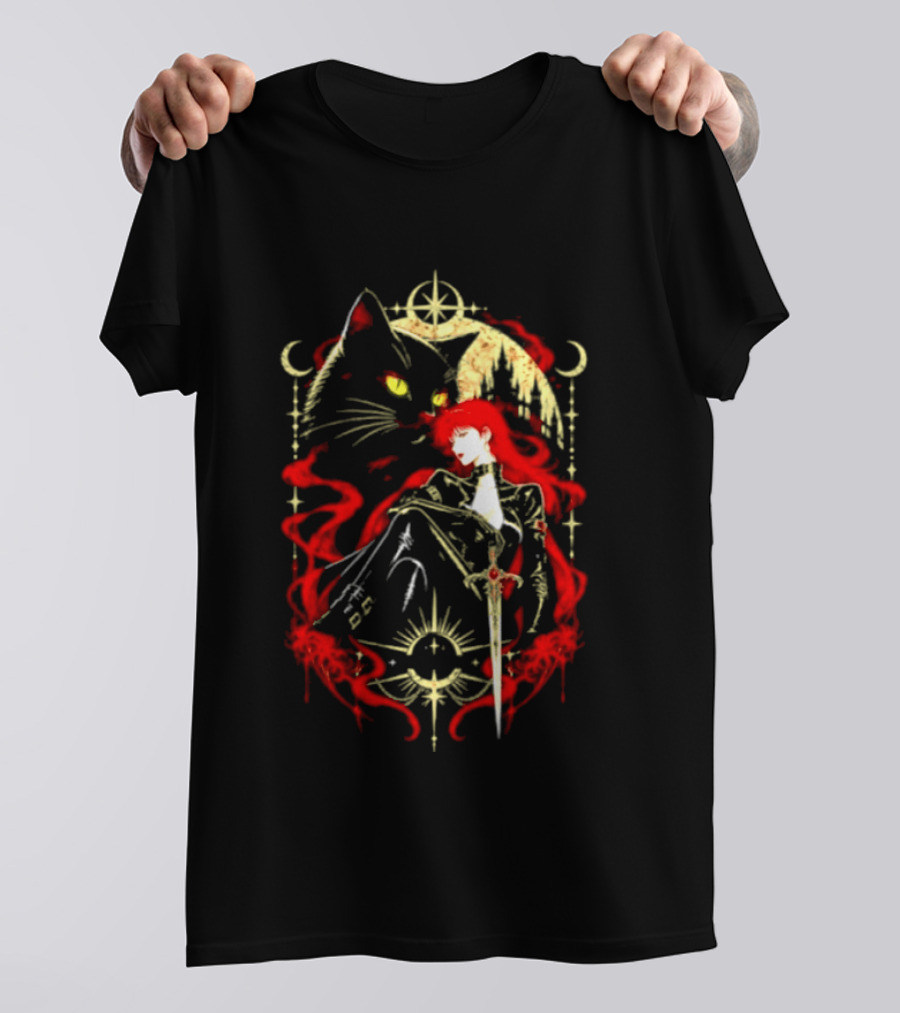 Gothic Red Haired Woman Black Cat Sword Magical T-Shirt