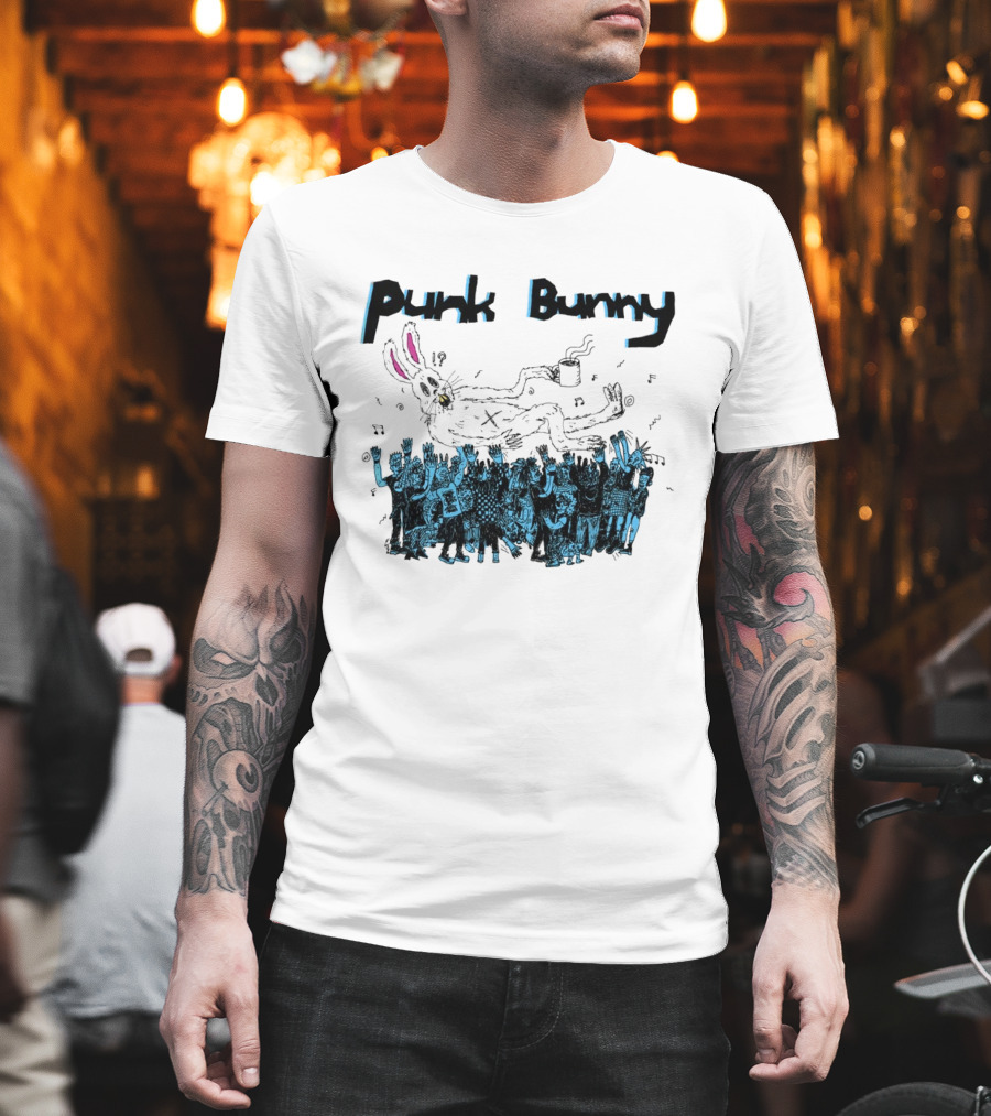 Punk Bunny Coffee Cup Crowd Green Day Style White T-Shirt