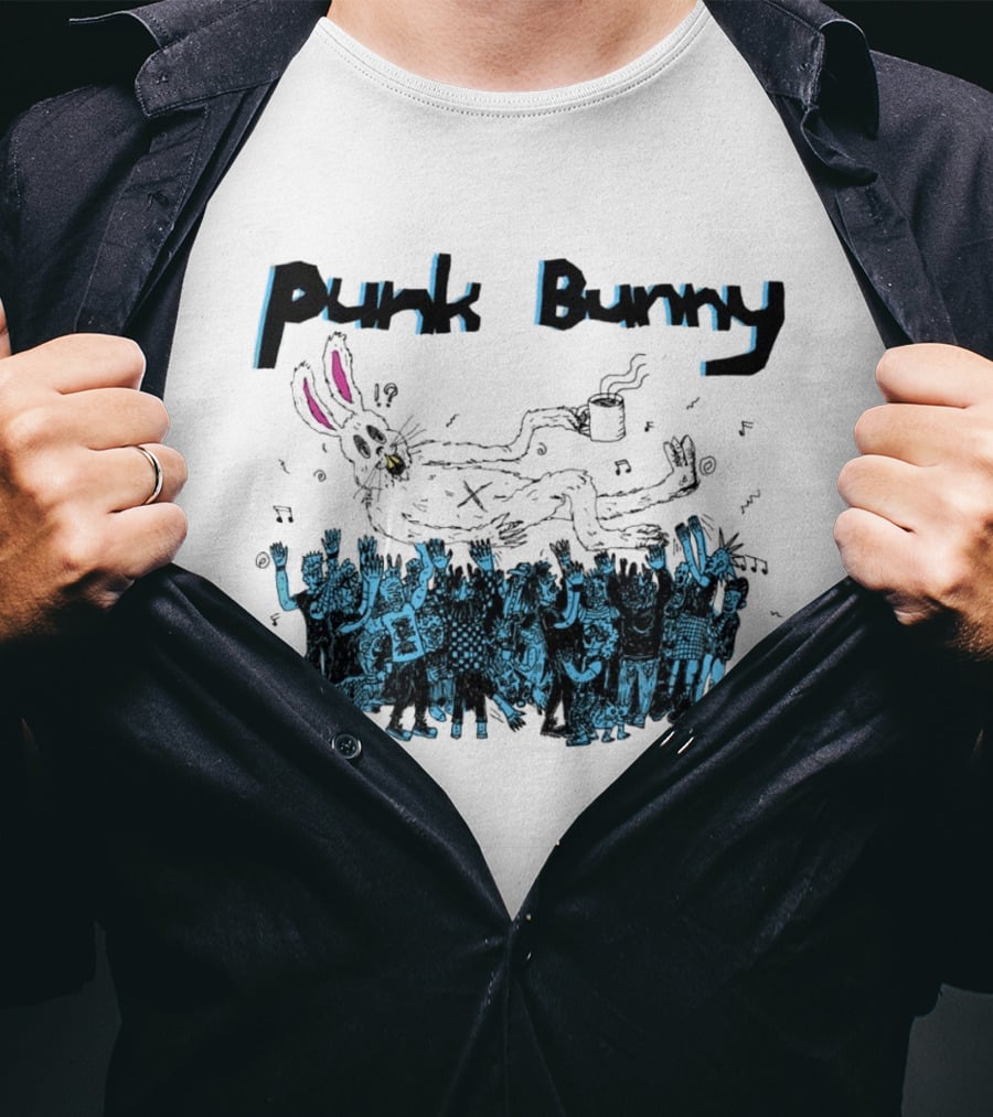 Punk Bunny Coffee Cup Crowd Green Day Style White T-Shirt