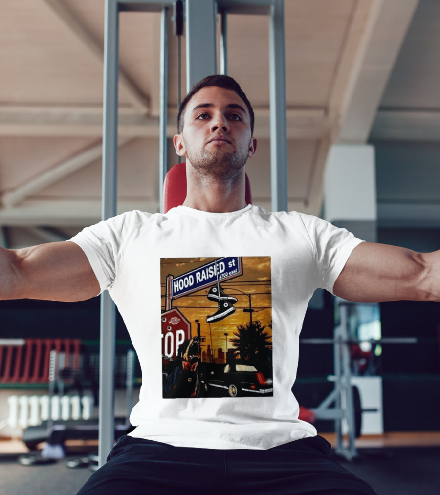 Hood Raised Street 4700 East Rottweiler Lowrider Sneakers And Sunset Urban Scene T-Shirt