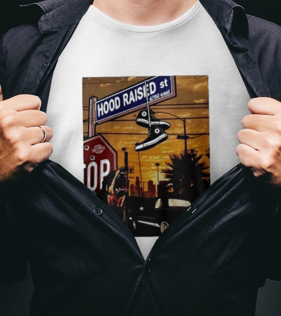 Hood Raised Street 4700 East Rottweiler Lowrider Sneakers And Sunset Urban Scene T-Shirt