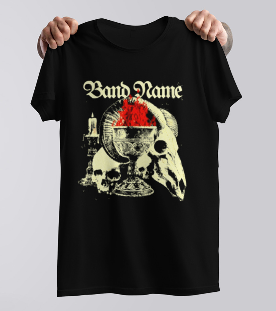 Band Name Skull Chalice Candle Flames Heavy Metal T-Shirt