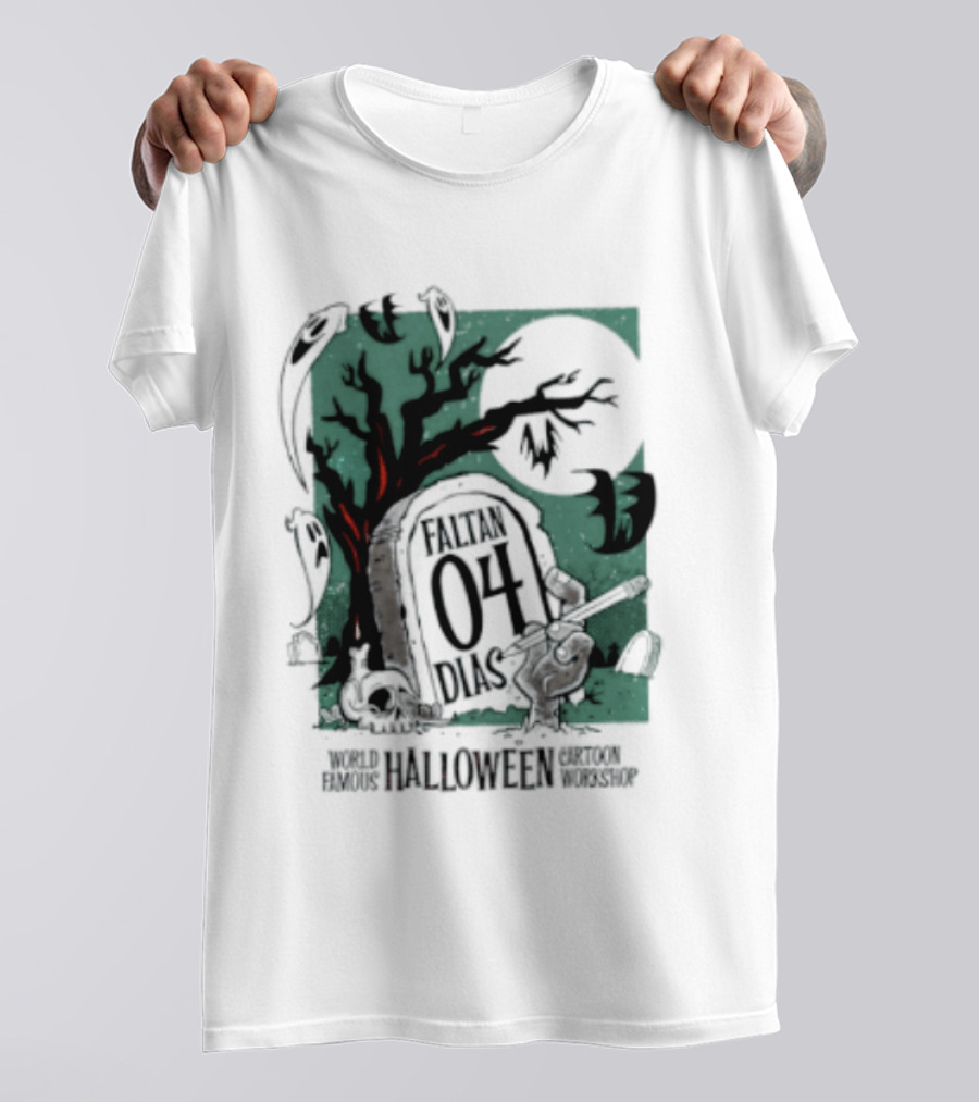 Faltan 04 Dias World Famous Halloween Cartoon Workshop Spooky Tree And Bats T-Shirt