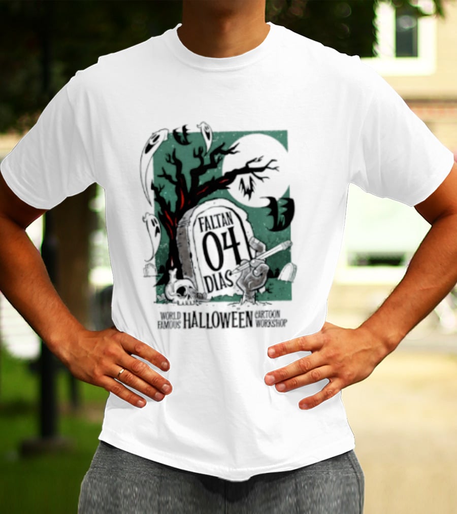 Faltan 04 Dias World Famous Halloween Cartoon Workshop Spooky Tree And Bats T-Shirt