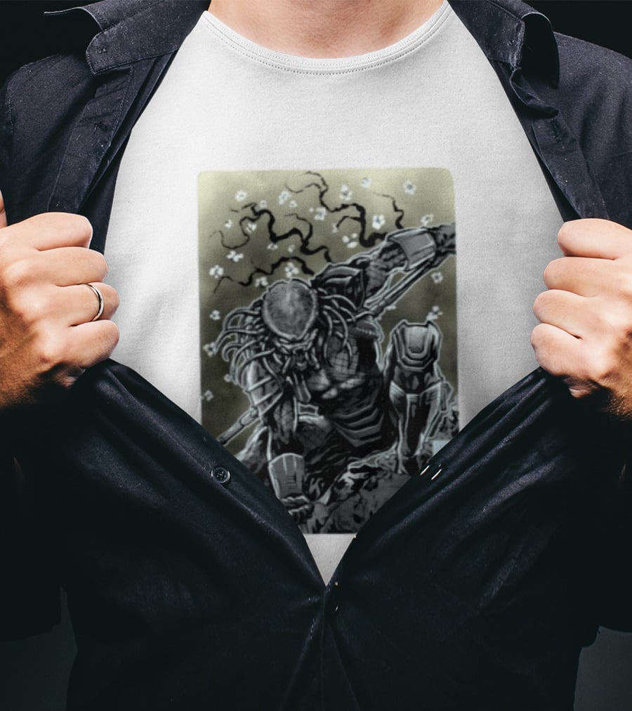 Yautja Samurai Mashup With Cherry Blossoms T-Shirt