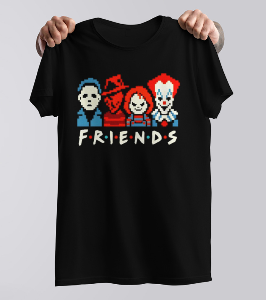 Friends Horror Movie Characters Pixel Art Michael Freddy Chucky Pennywise T-Shirt