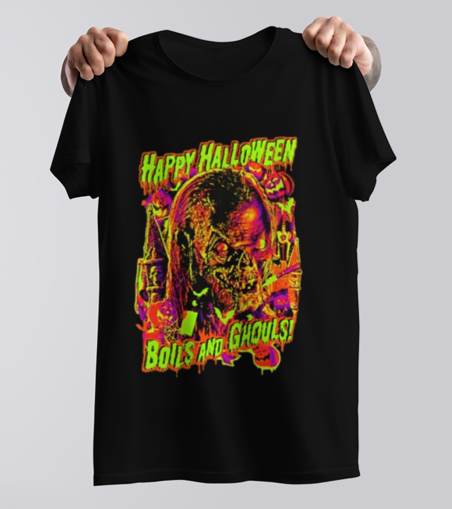 Happy Halloween Boils And Ghouls Horror Zombie Pumpkins Candles Spooky Scene T-Shirt
