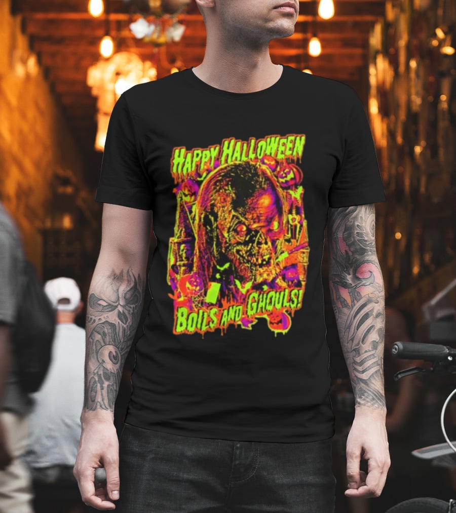 Happy Halloween Boils And Ghouls Horror Zombie Pumpkins Candles Spooky Scene T-Shirt