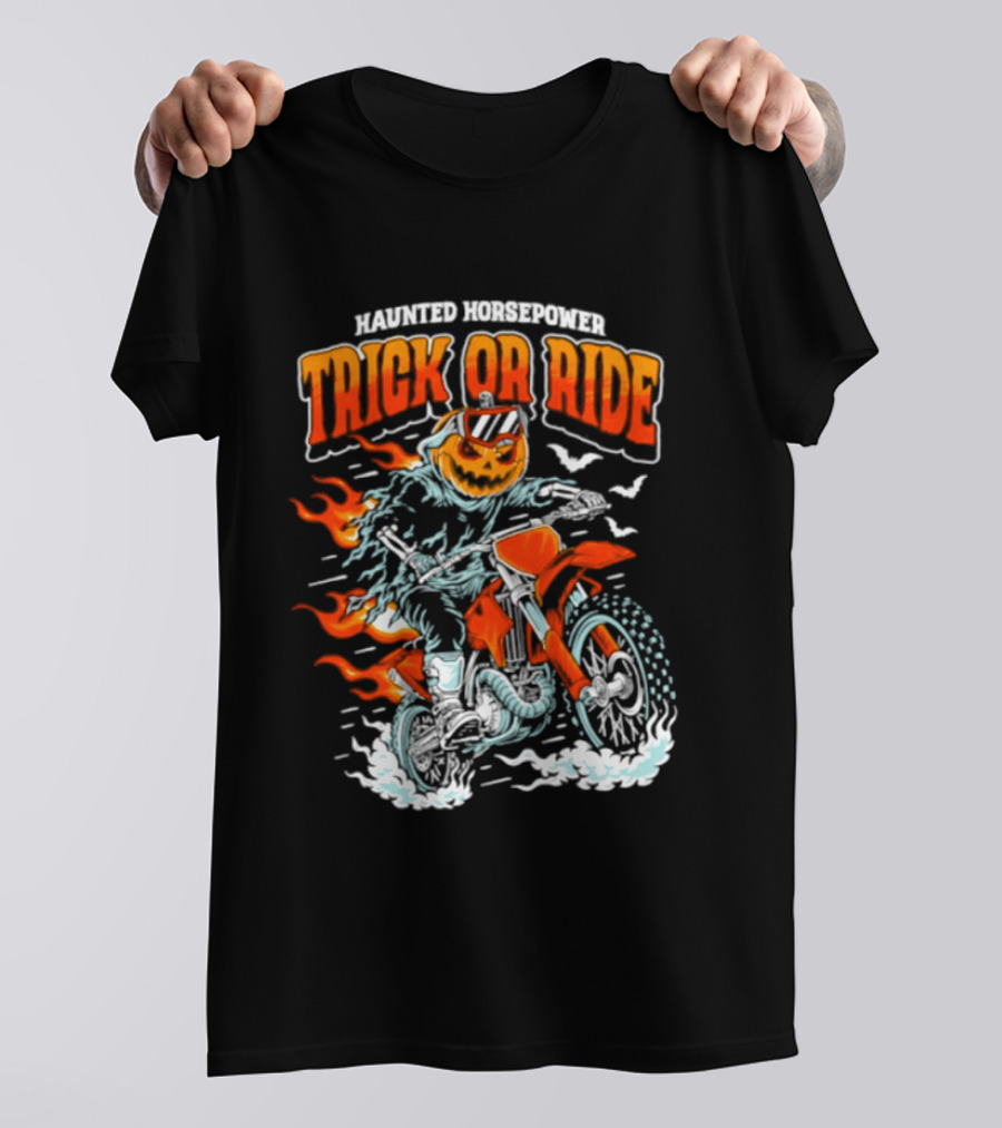 Haunted Horsepower Trick Or Ride Halloween Pumpkin Motorcycle Flames T-Shirt