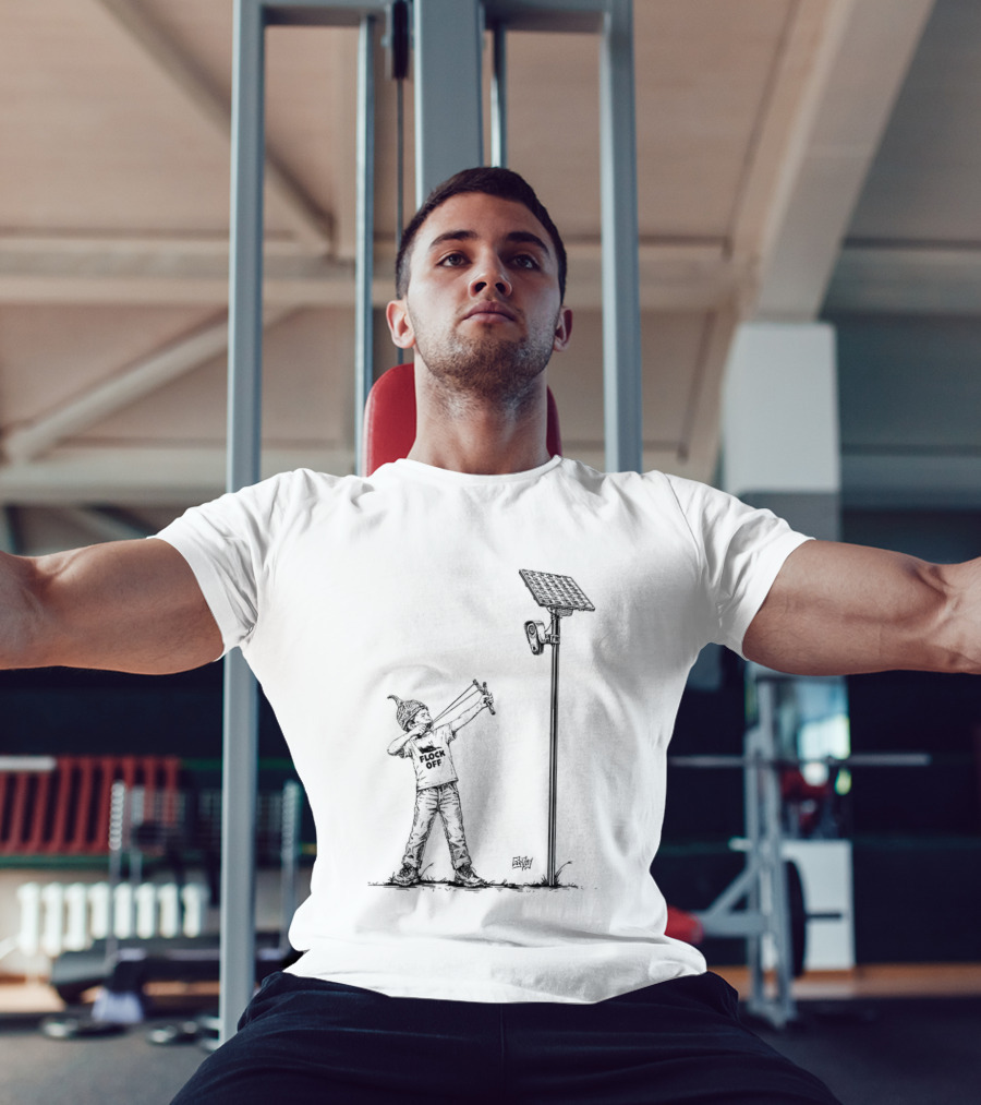 Boy With Slingshot Targeting Solar Camera Flock Off T-Shirt