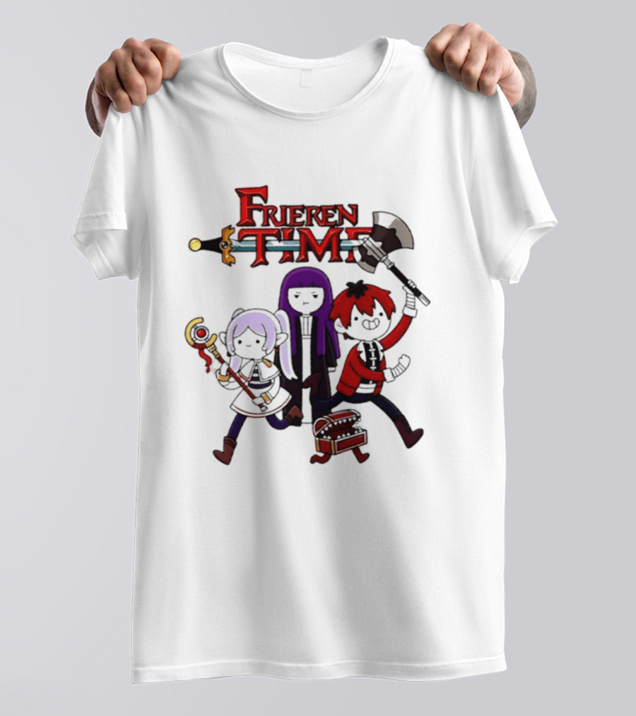 Frieren Time Adventure Time Anime Crossover Characters With Weapons And Staff T-Shirt