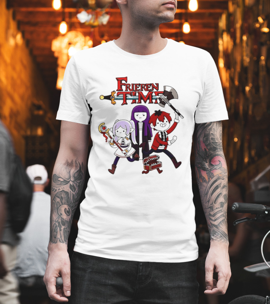 Frieren Time Adventure Time Anime Crossover Characters With Weapons And Staff T-Shirt