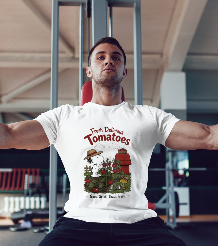 Snoopy Fresh Delicious Tomatoes Good Grief That's Fresh Garden Scene T-Shirt