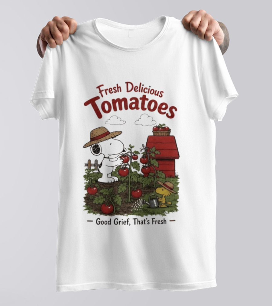 Snoopy Fresh Delicious Tomatoes Good Grief That's Fresh Garden Scene T-Shirt