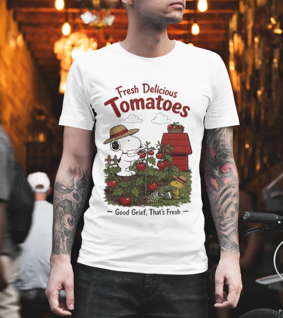 Snoopy Fresh Delicious Tomatoes Good Grief That's Fresh Garden Scene T-Shirt