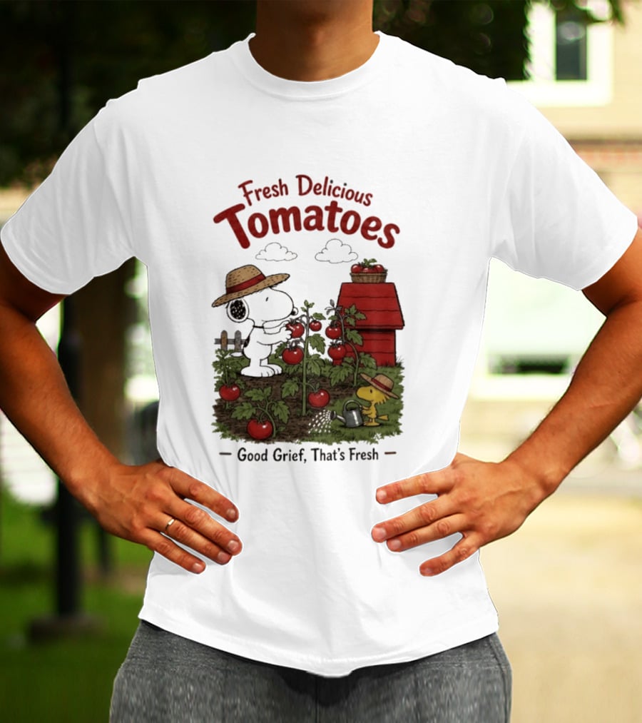 Snoopy Fresh Delicious Tomatoes Good Grief That's Fresh Garden Scene T-Shirt