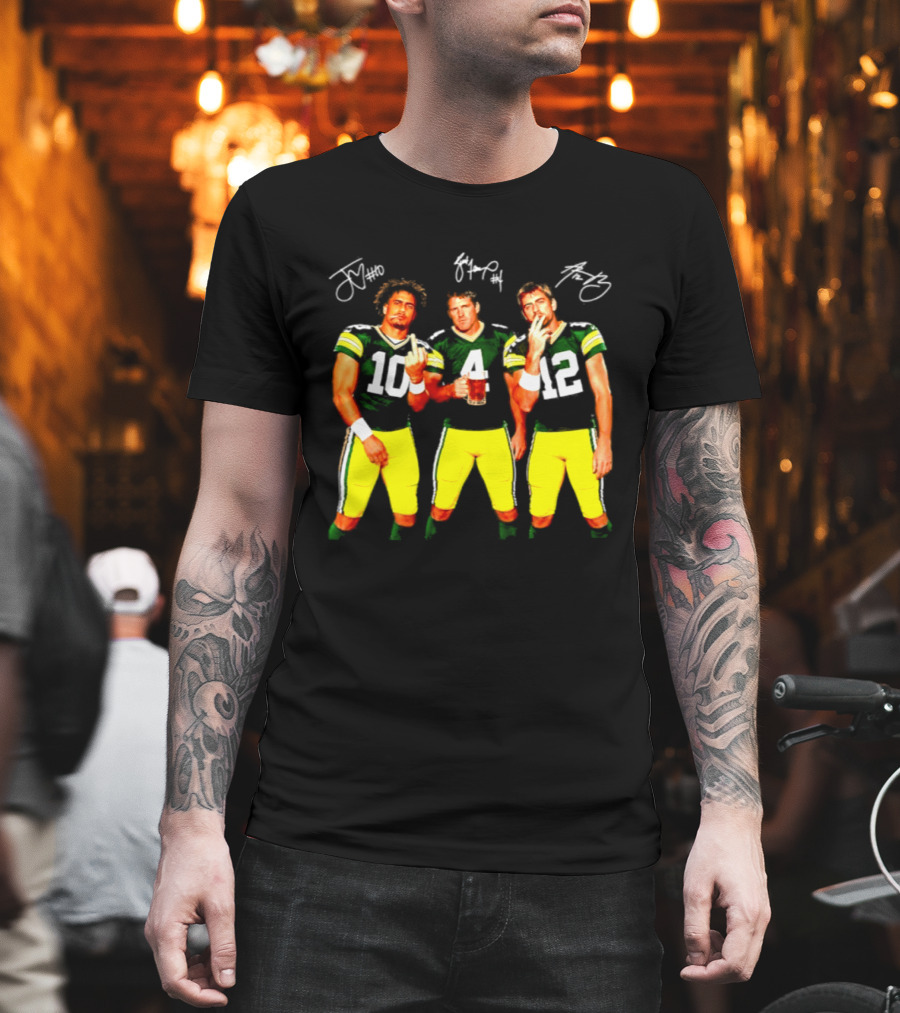 Brett Favre Aaron Rodgers Jordan Love Green Bay Packers Middle Finger Beer Smoking Signatures T-Shirt
