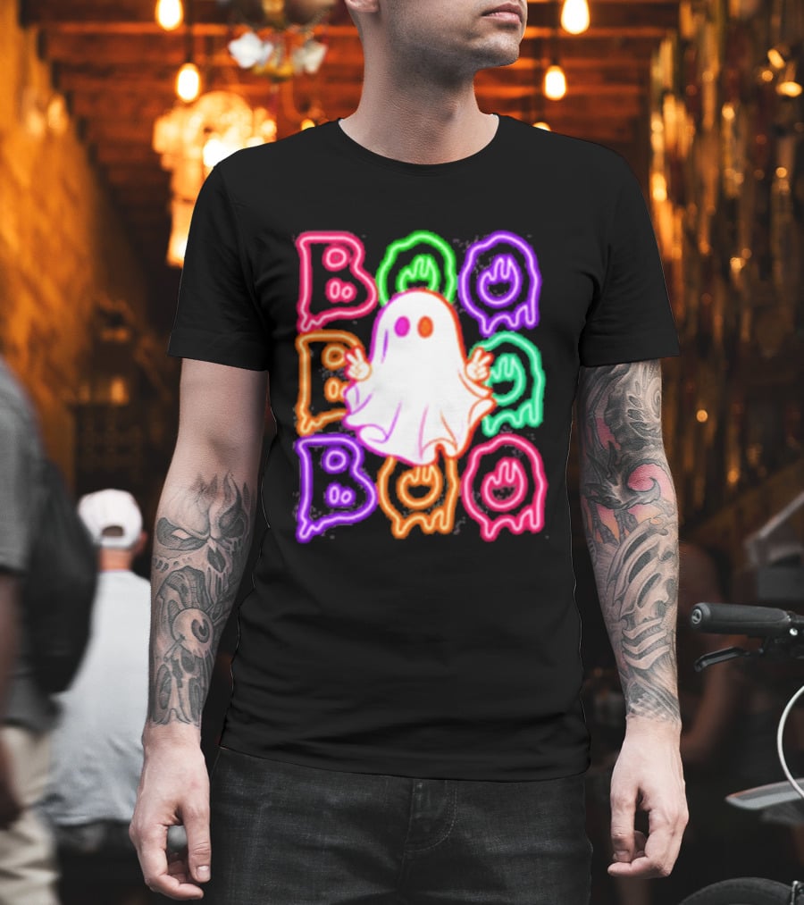 Ghost Boo Neon Halloween Spooky Bright T-Shirt