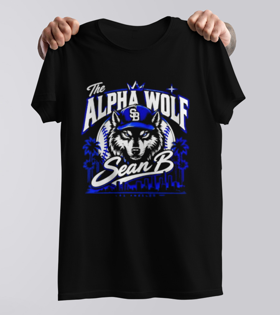 The Alpha Wolf Sean B LA Dodgers Skyline Wolf Baseball Cap Stars Palms T-Shirt