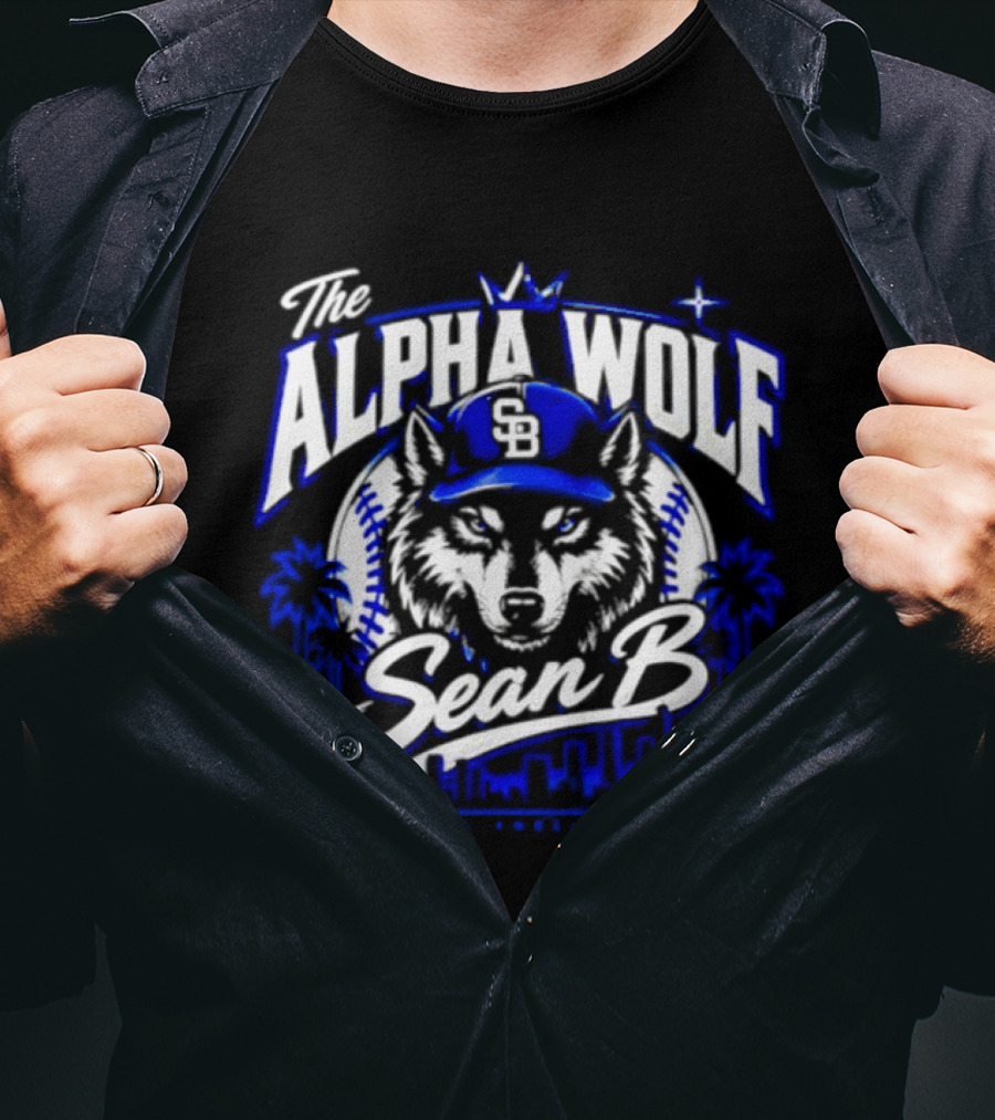 The Alpha Wolf Sean B LA Dodgers Skyline Wolf Baseball Cap Stars Palms T-Shirt