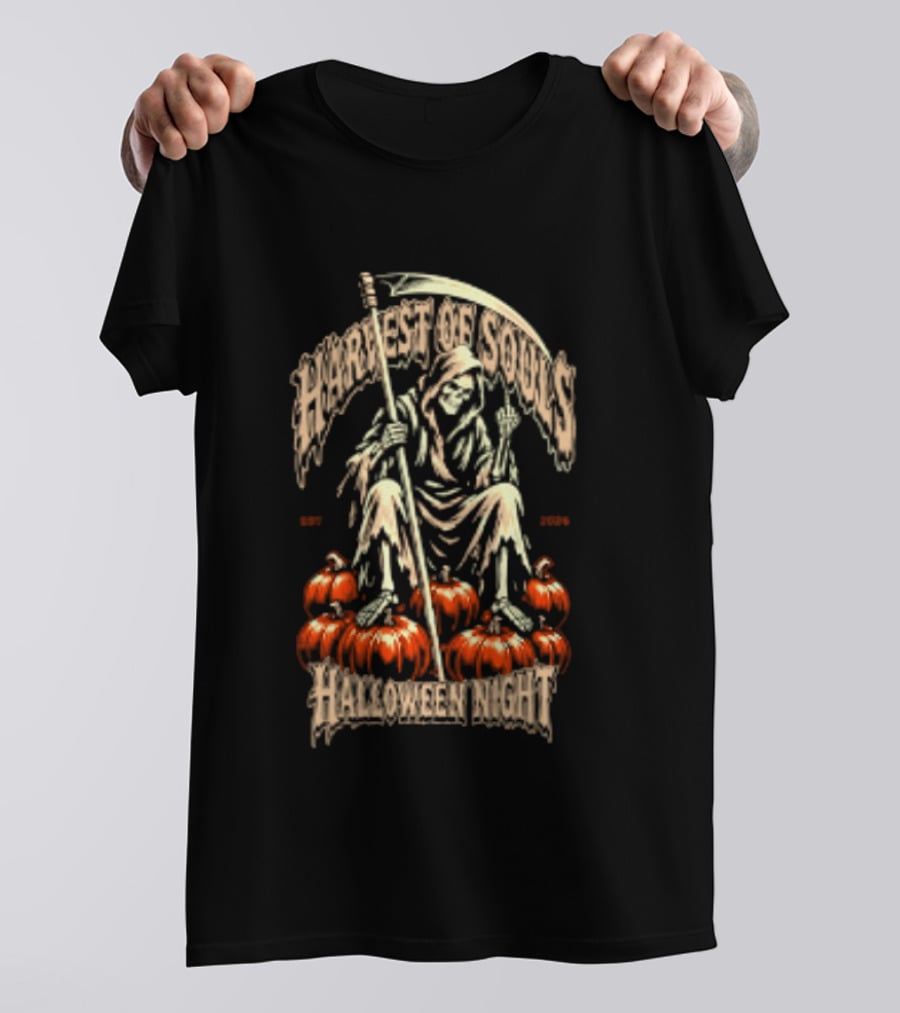 Grim Reaper Harvest Of Souls Halloween Night Middle Finger Pumpkins T-Shirt